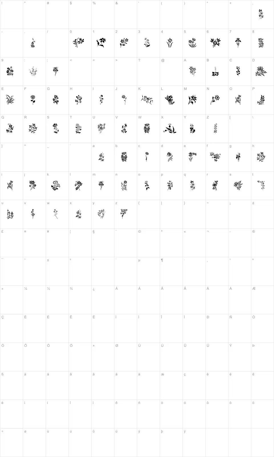 Mapa de caracteres da fonte HFF Floral Stencil