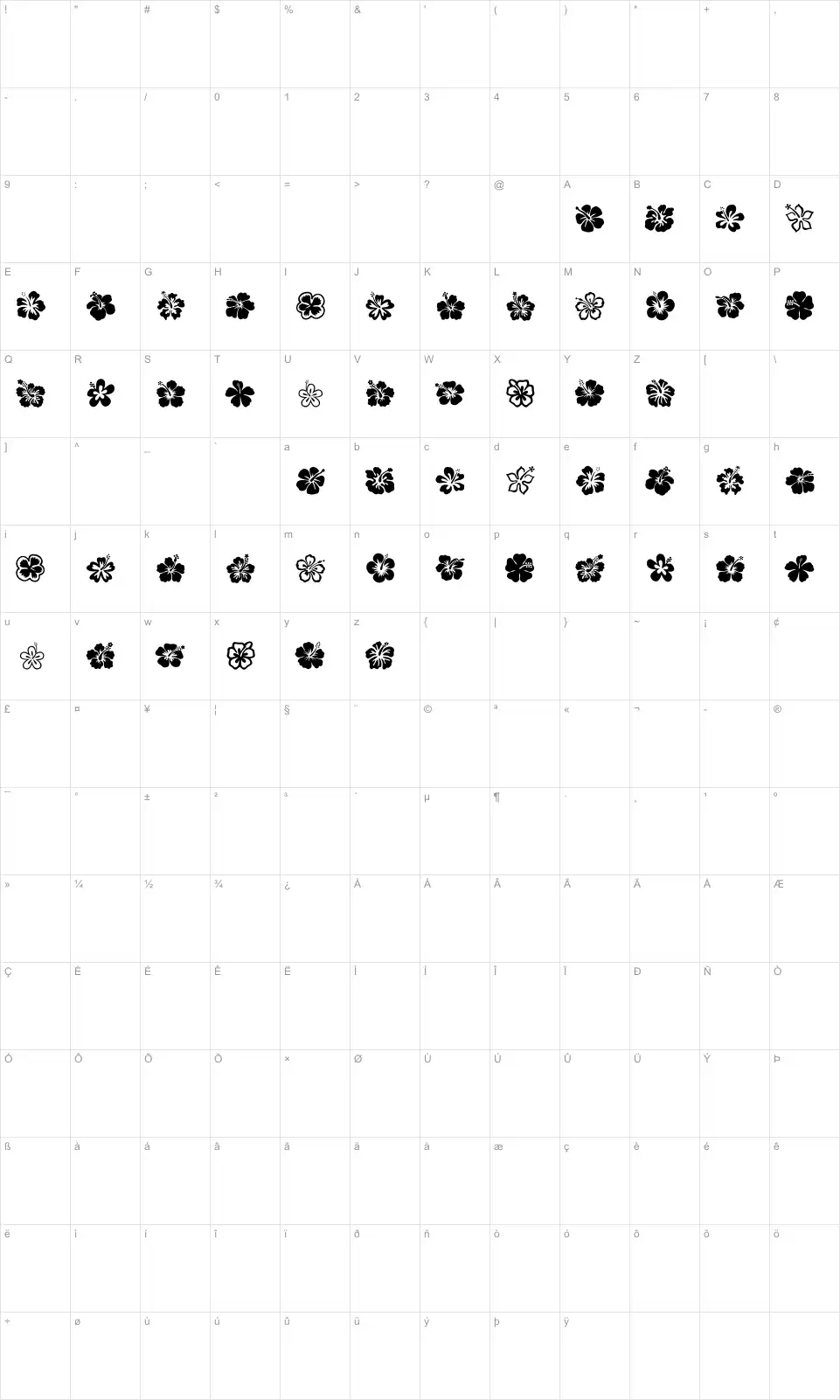 Mapa de caracteres da fonte Hibiscus