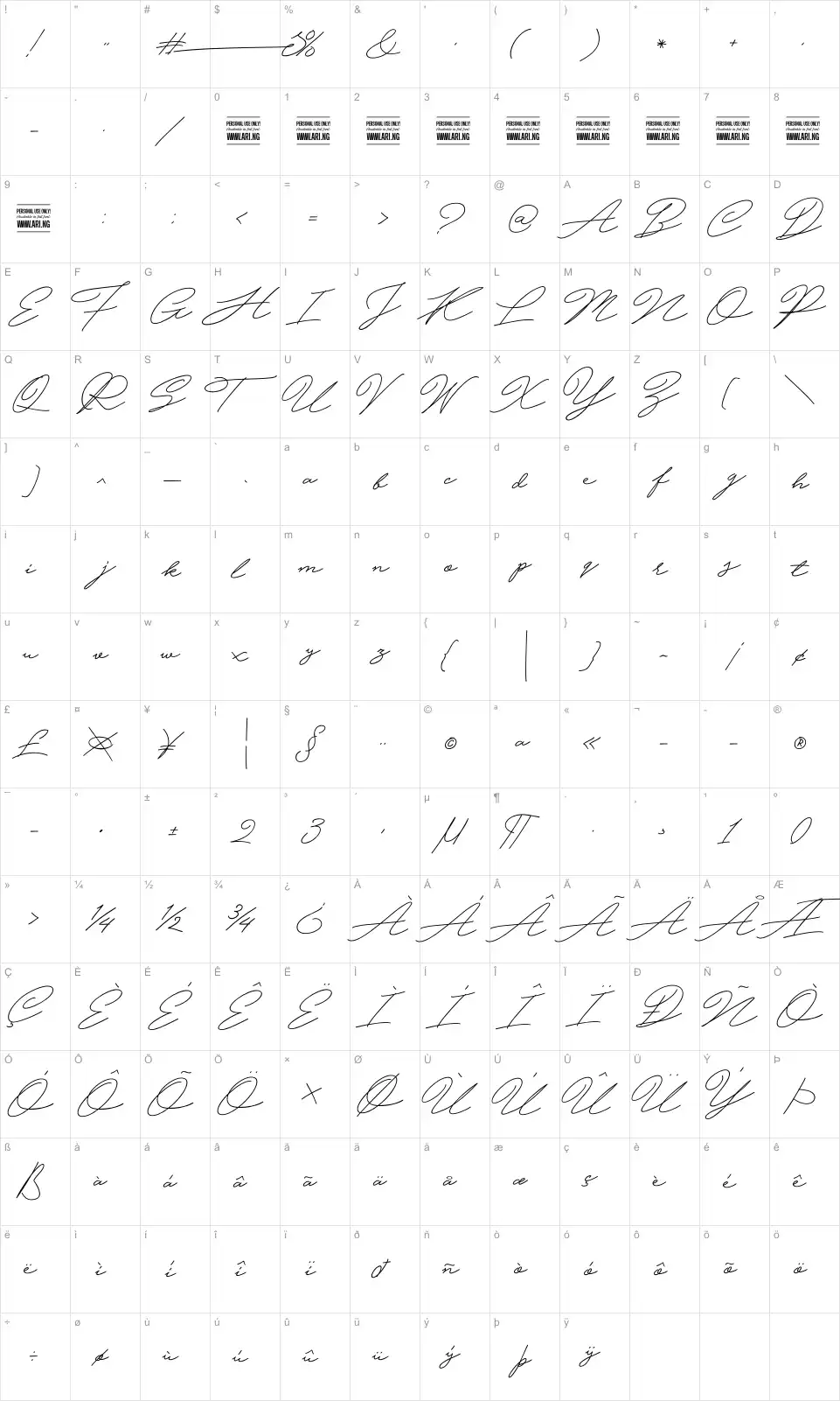 Mapa de caracteres da fonte Hijrnotes