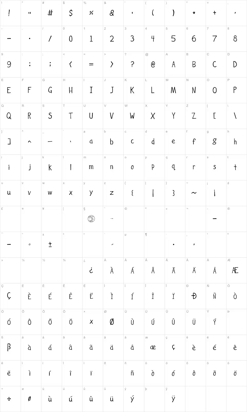 Mapa de caracteres da fonte Hockey is Lif