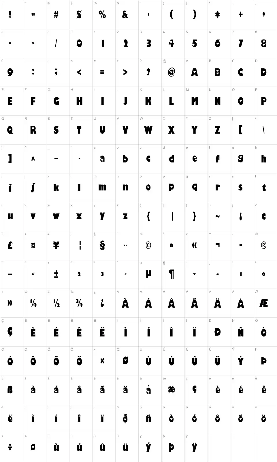 Mapa de caracteres da fonte Hole-Hearted