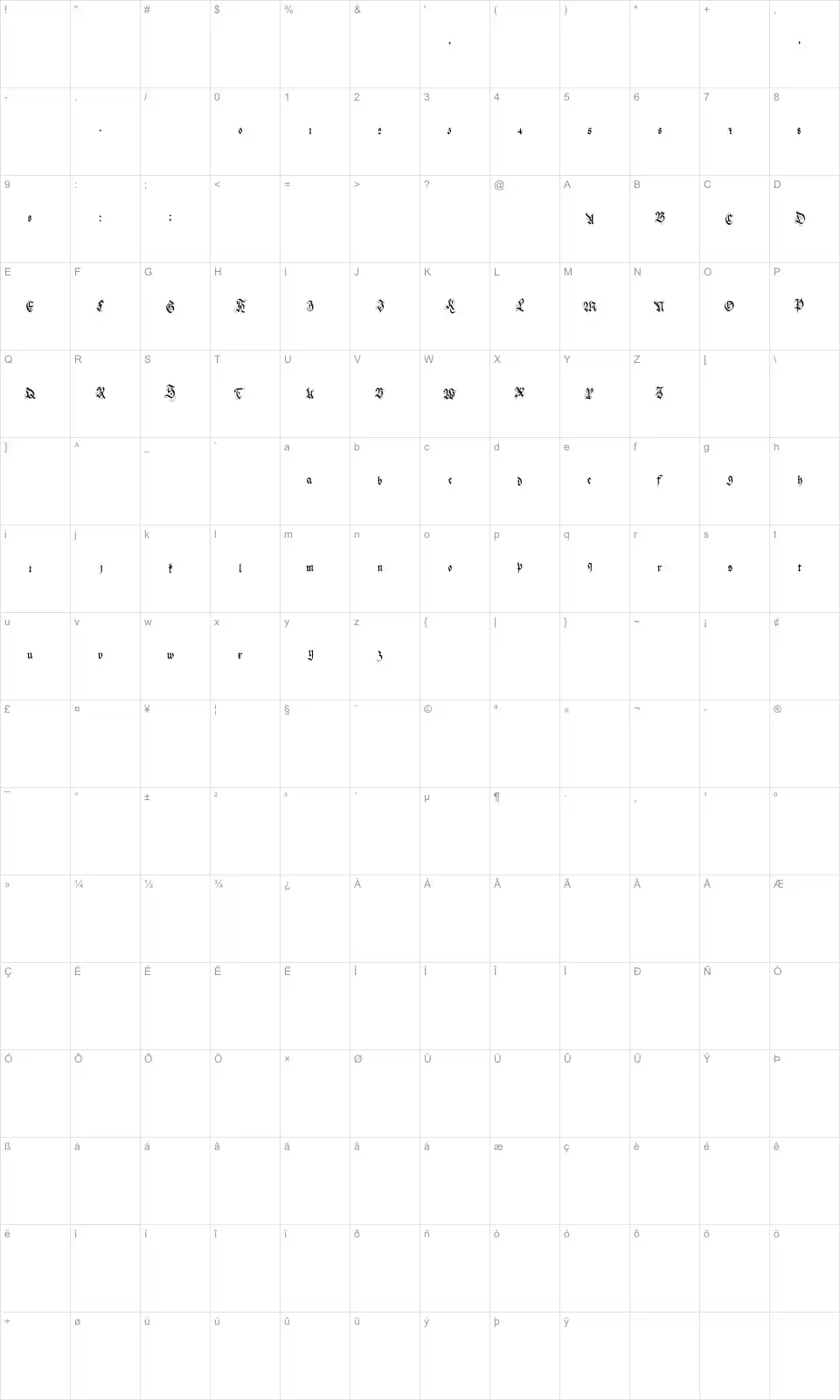 Mapa de caracteres da fonte Holyrose Mmidnight Tea