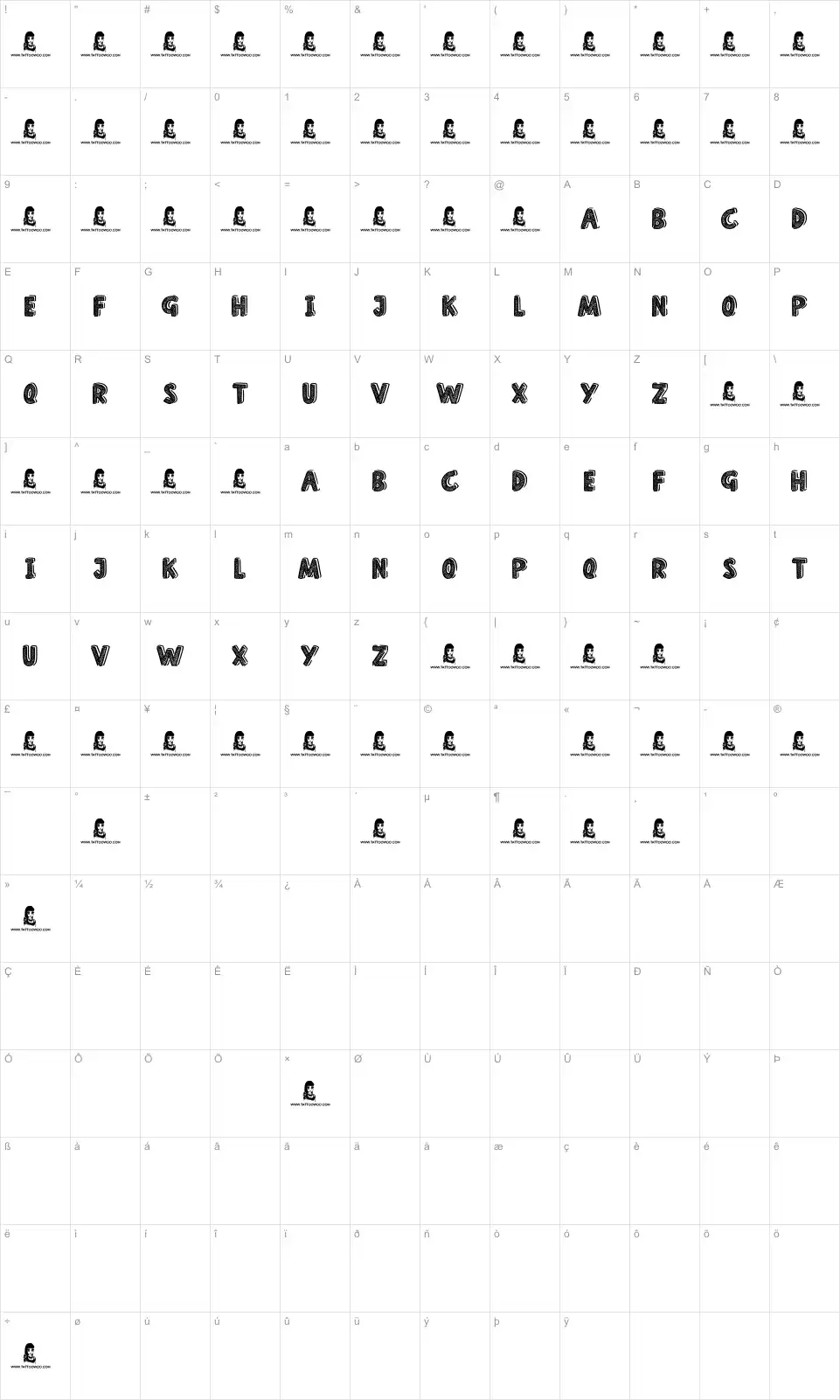 Mapa de caracteres da fonte Home School