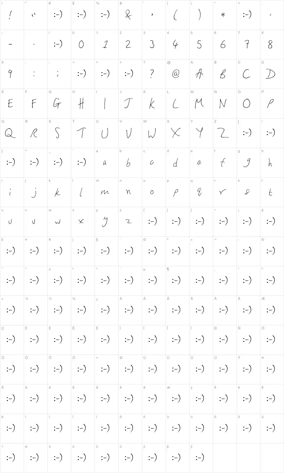 Mapa de caracteres da fonte Honey I Stole Your Jumper