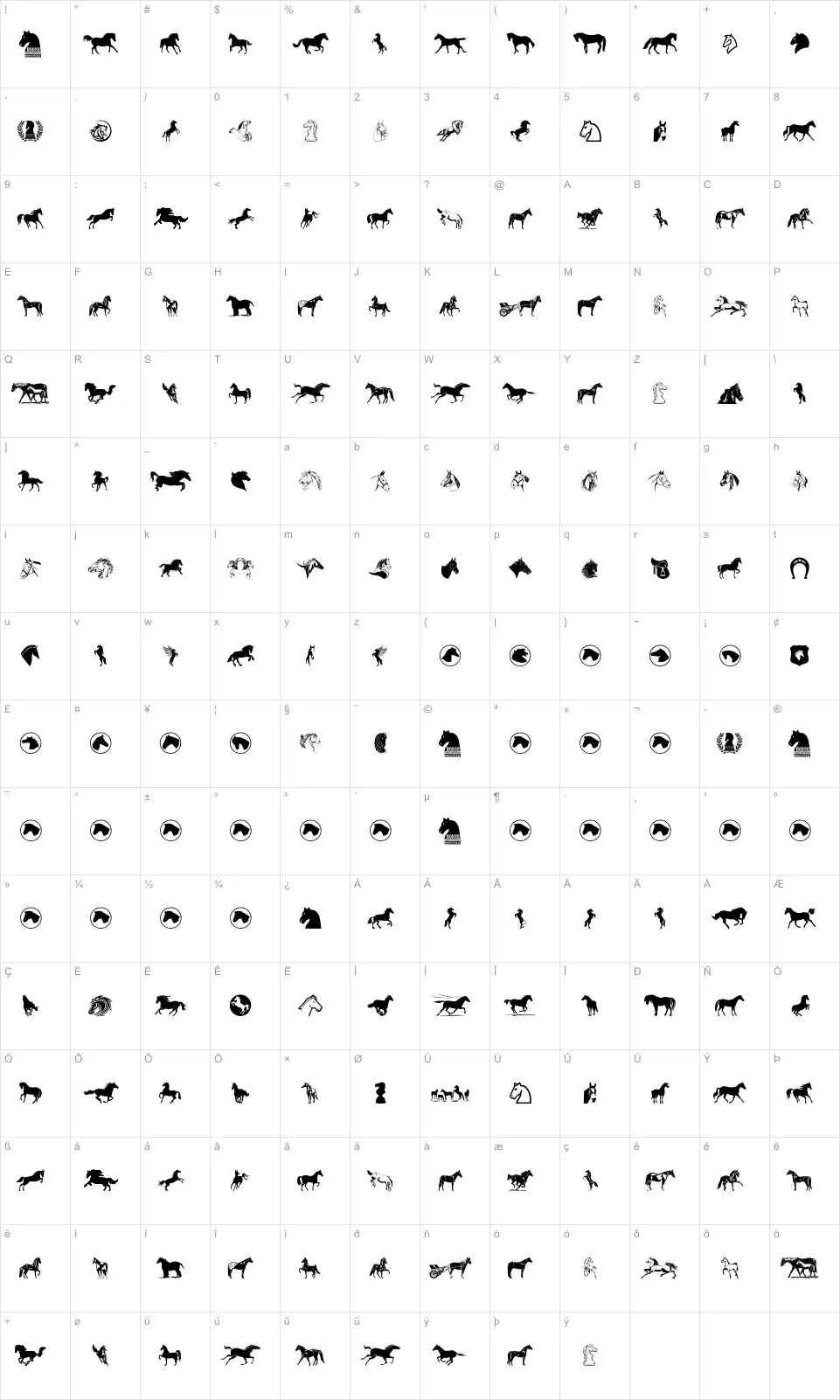 Mapa de caracteres da fonte Horse