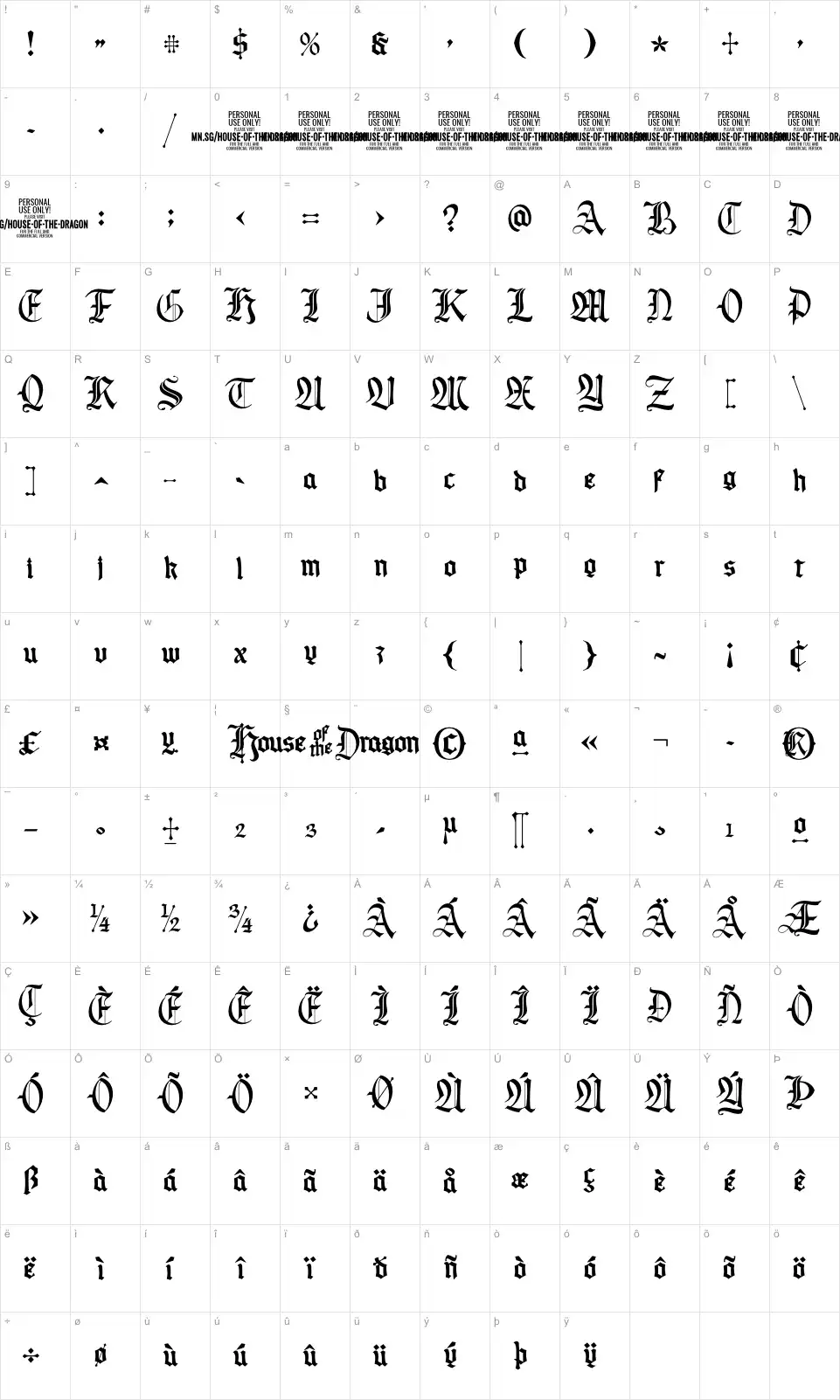 Mapa de caracteres da fonte House of the Dragon
