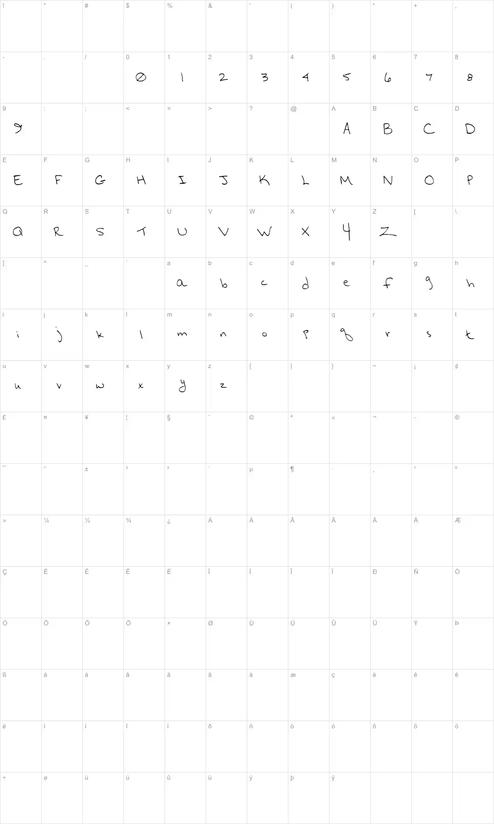 Mapa de caracteres da fonte Hurry Up Hurry Up