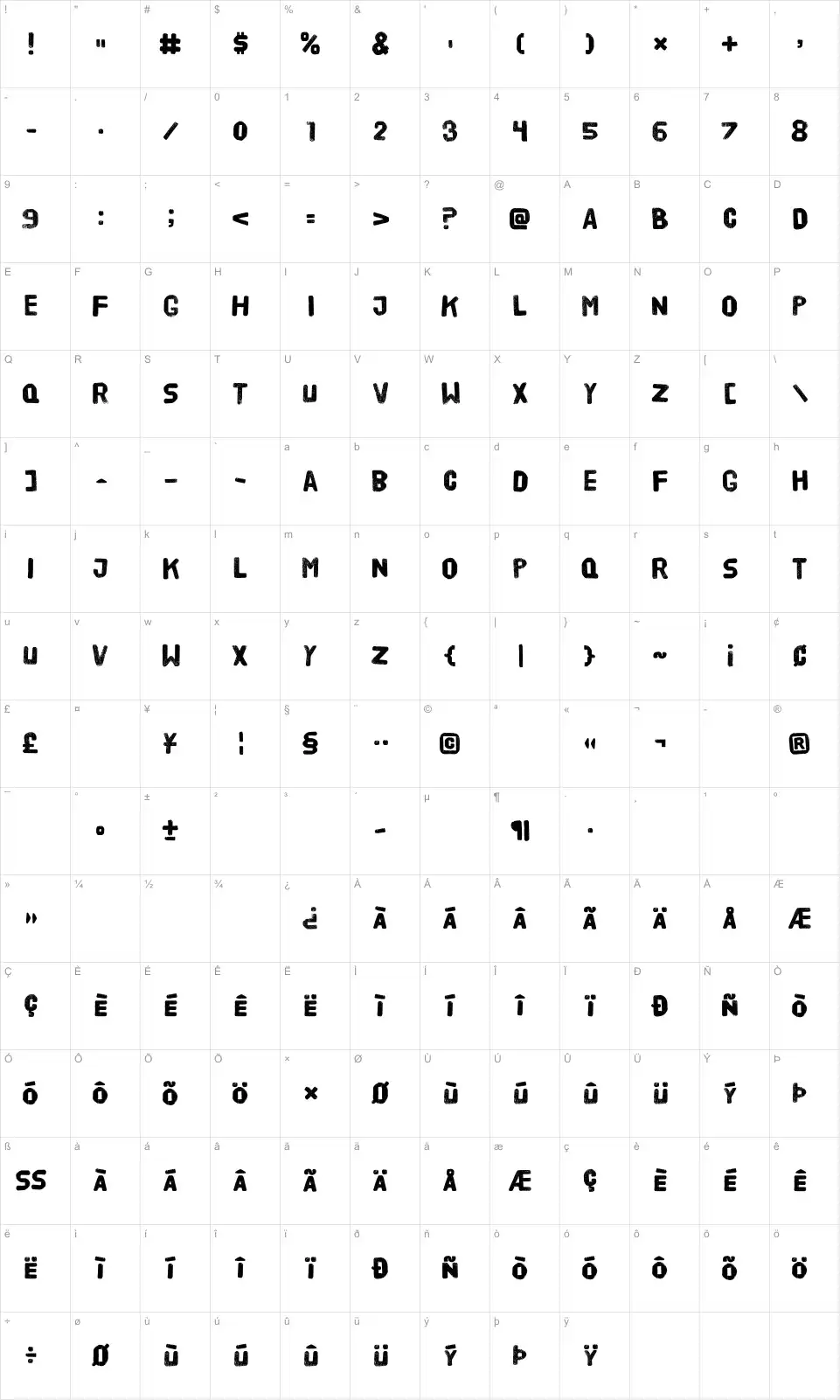 Mapa de caracteres da fonte HVD Poster