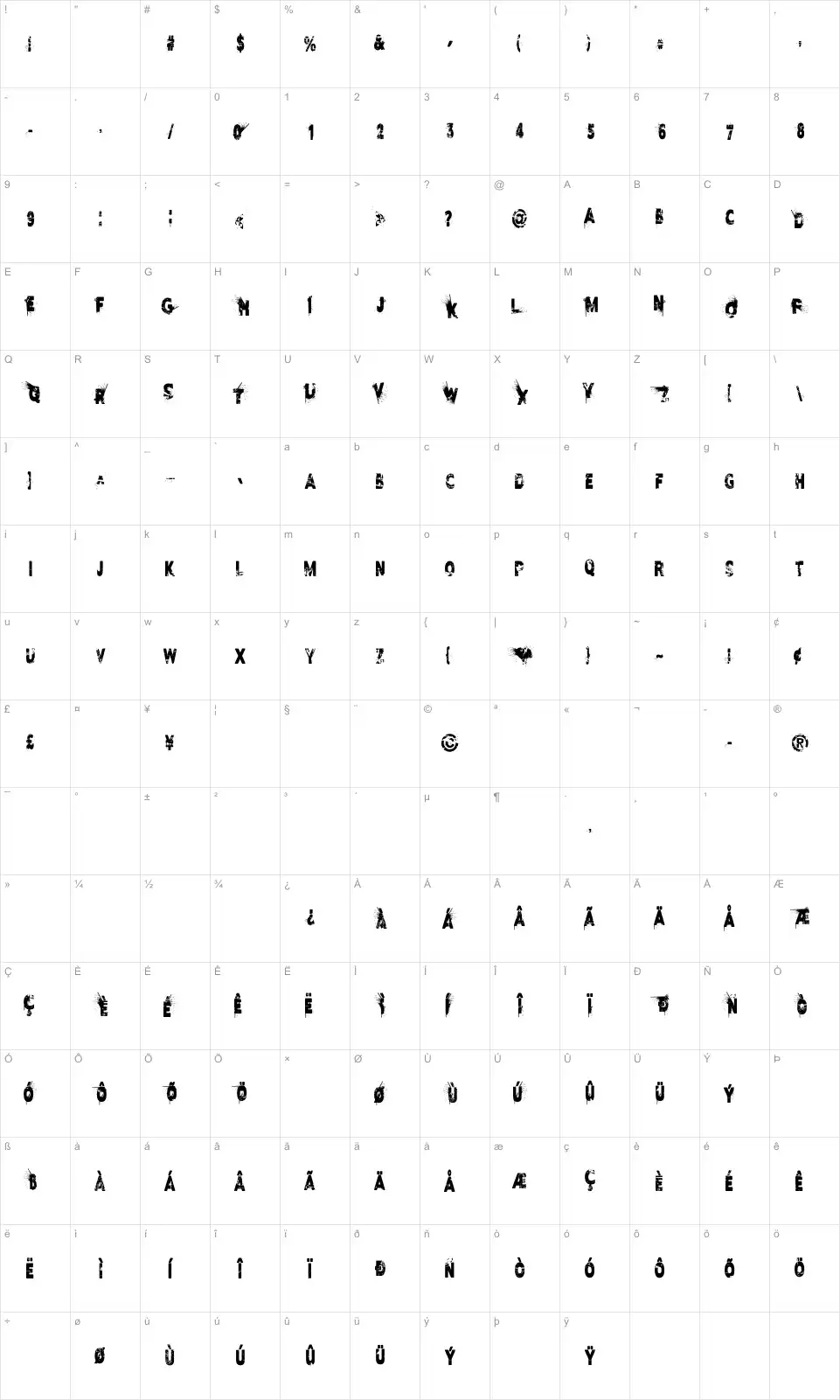 Mapa de caracteres da fonte I Love Disaster