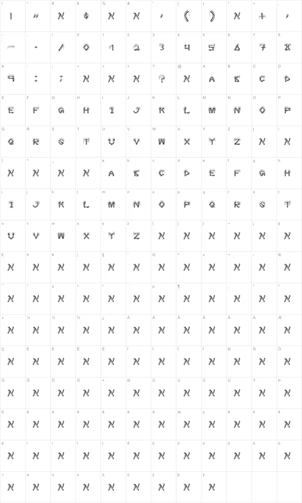Mapa de caracteres da fonte Ice Sticks