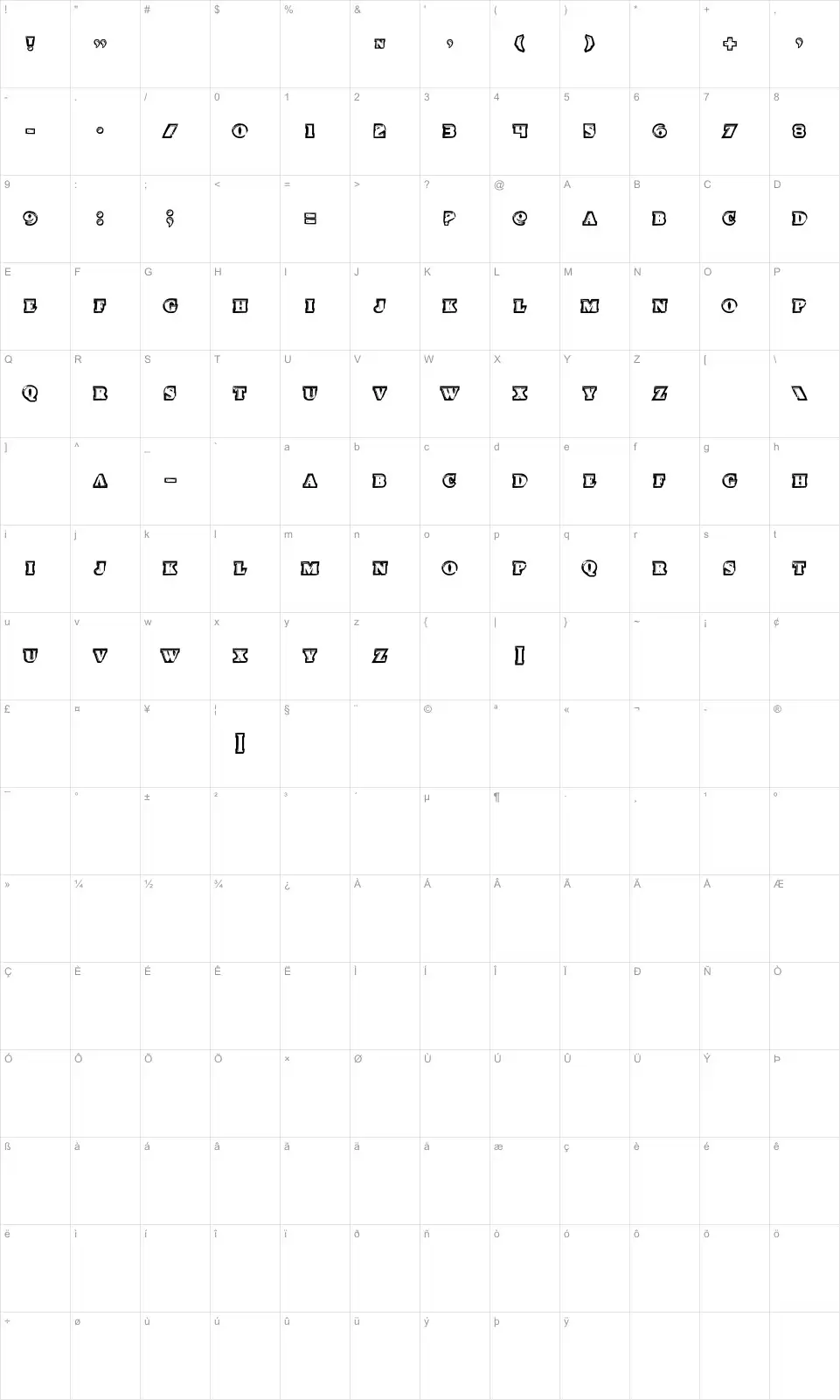 Mapa de caracteres da fonte Icebox Art
