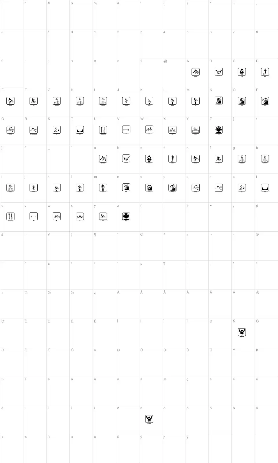 Mapa de caracteres da fonte Icono BMX