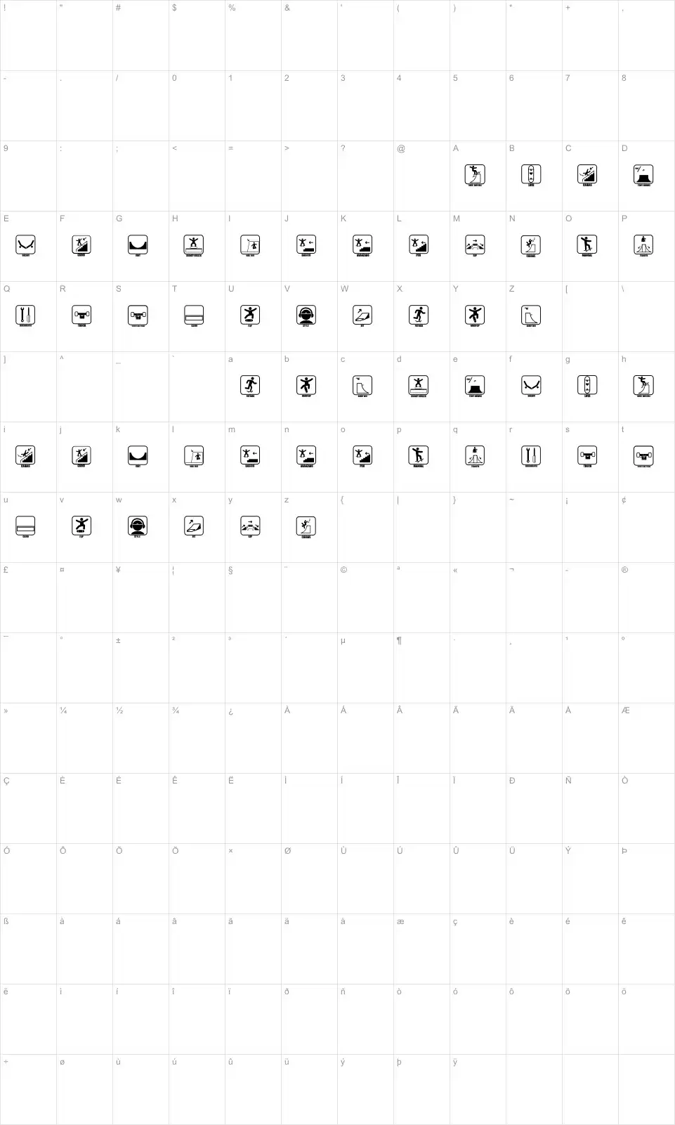 Mapa de caracteres da fonte Iconos Skate