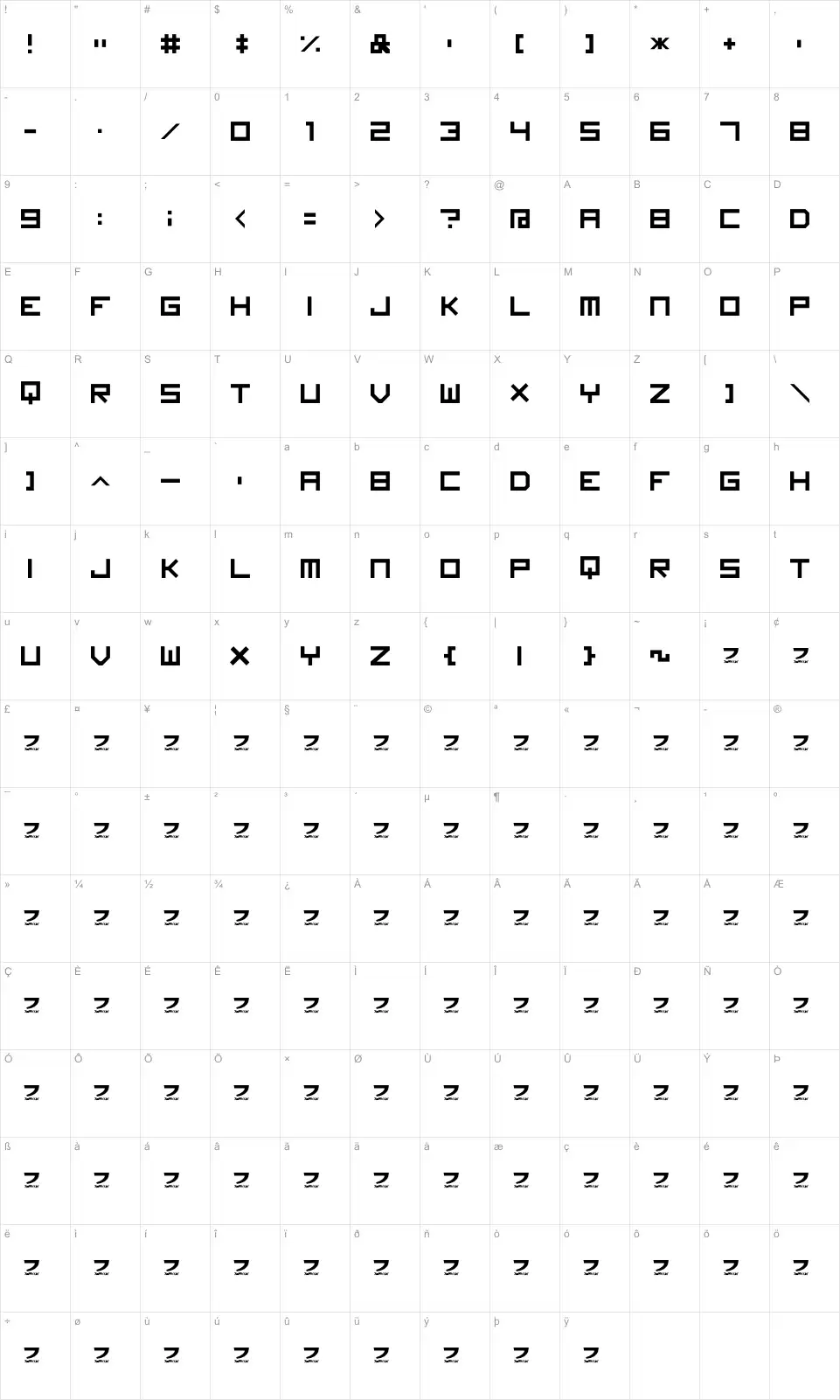 Mapa de caracteres da fonte Imagine Font