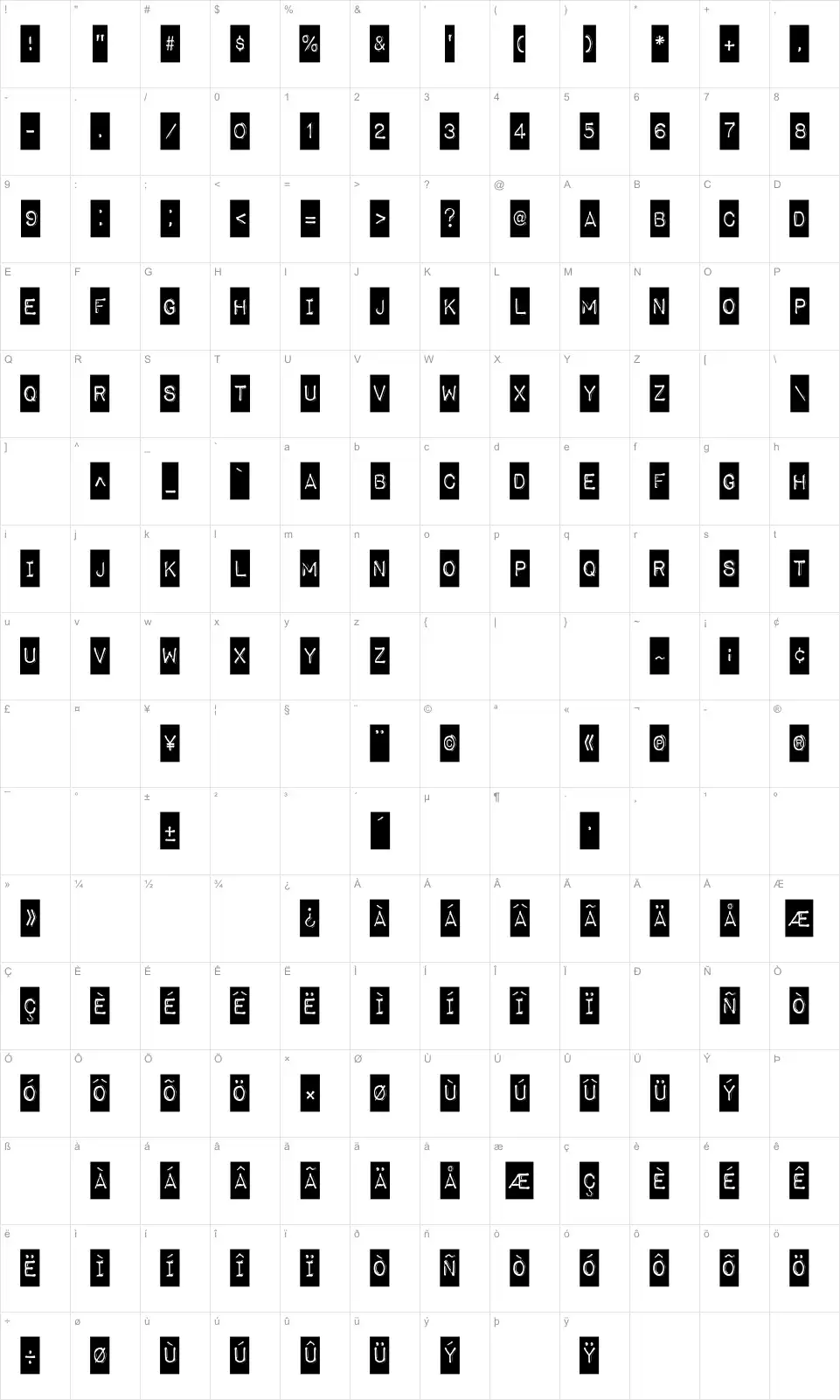 Mapa de caracteres da fonte Impact Label