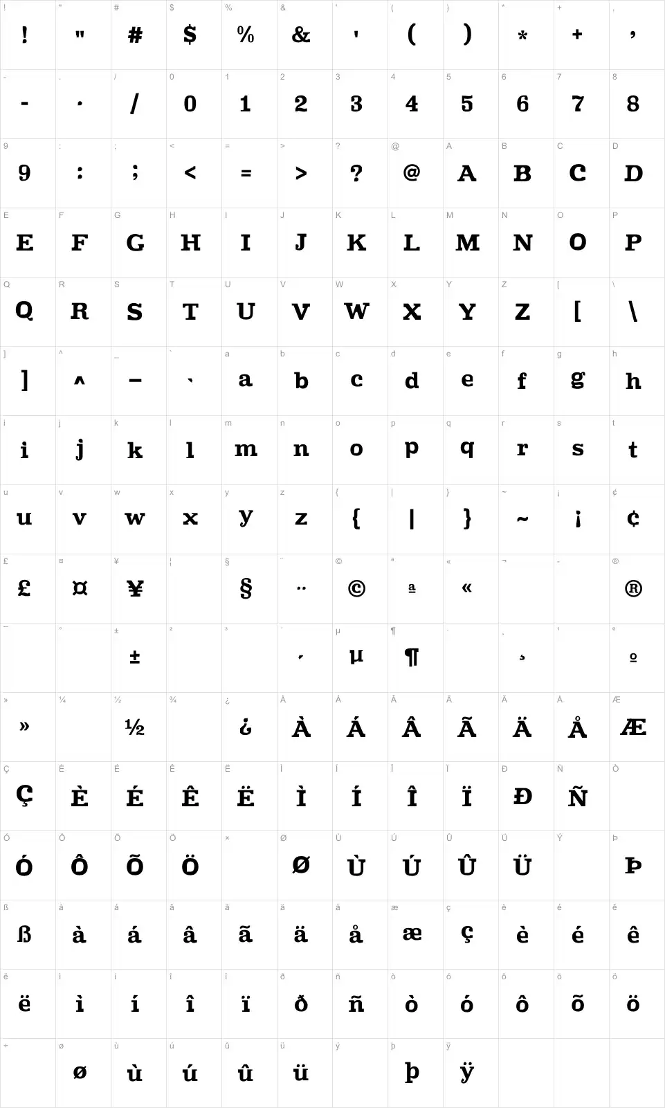 Mapa de caracteres da fonte Improvisation