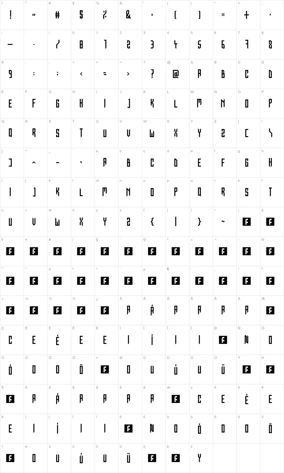 Mapa de caracteres da fonte In for The Kill