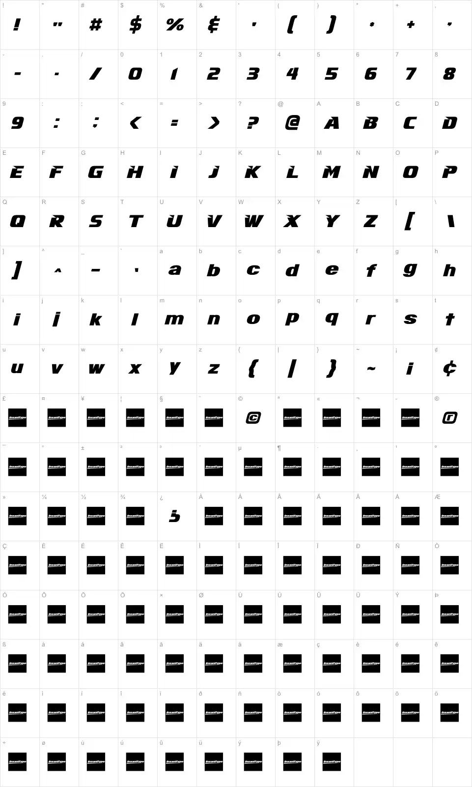 Mapa de caracteres da fonte Infinite Justice
