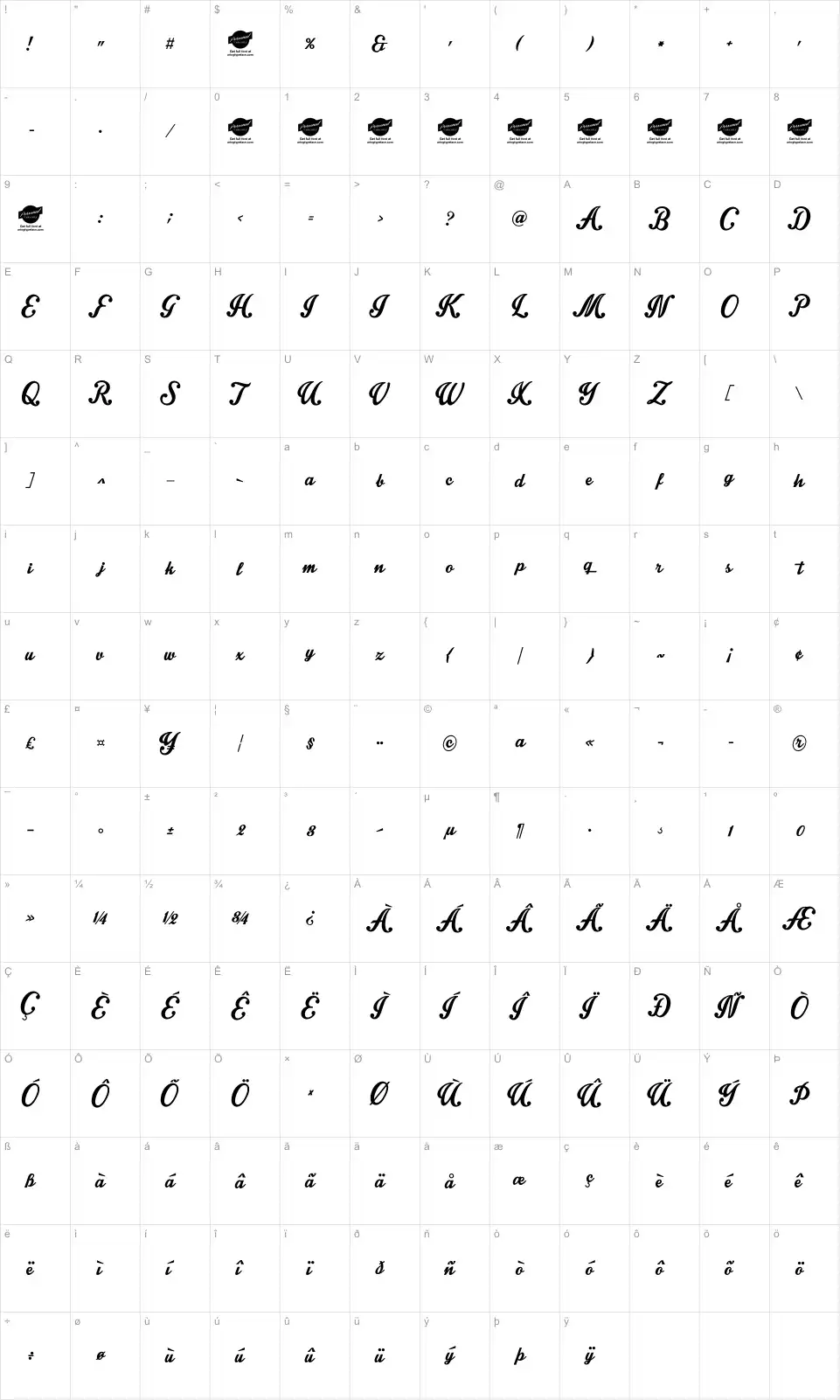 Mapa de caracteres da fonte Intrique Script