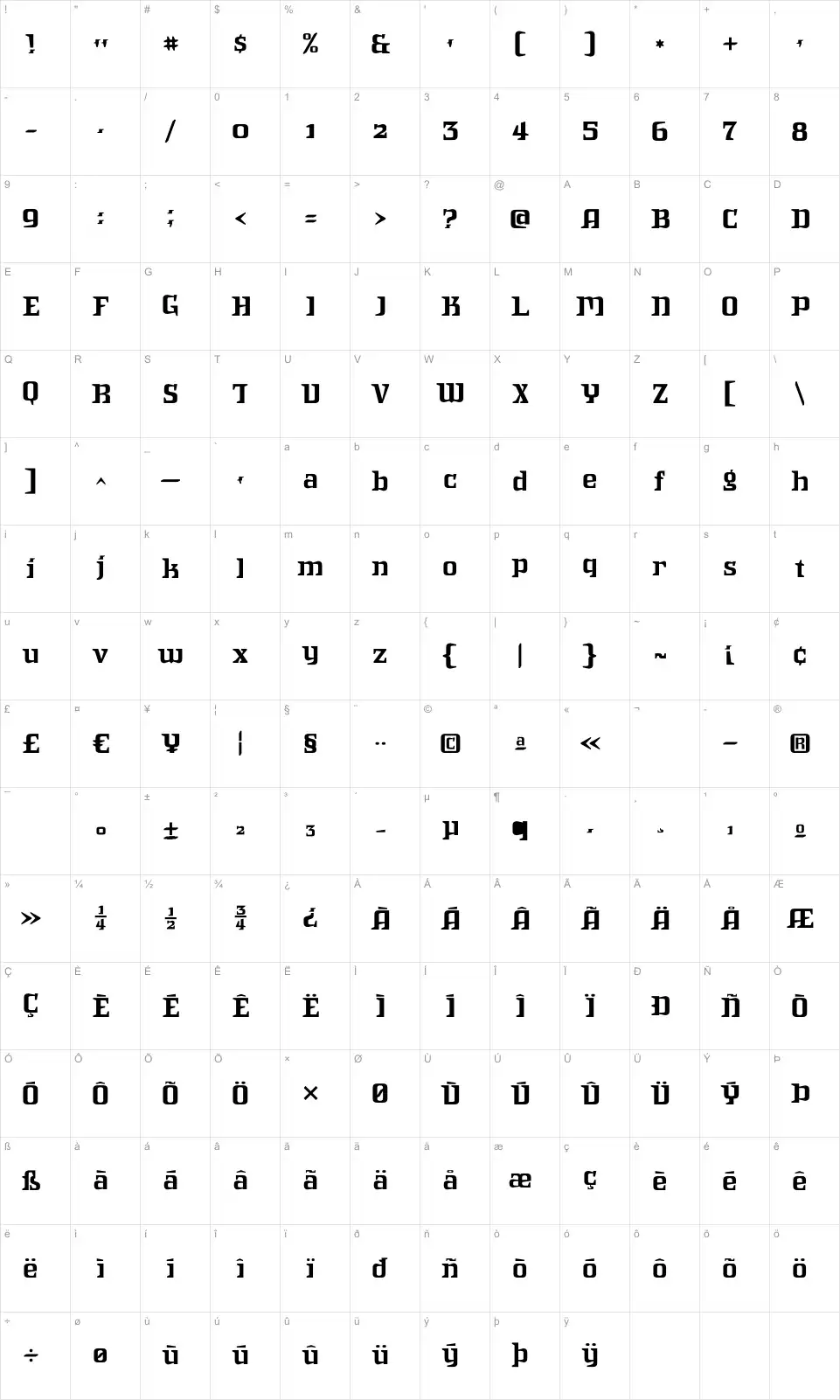 Mapa de caracteres da fonte Intruder Alert