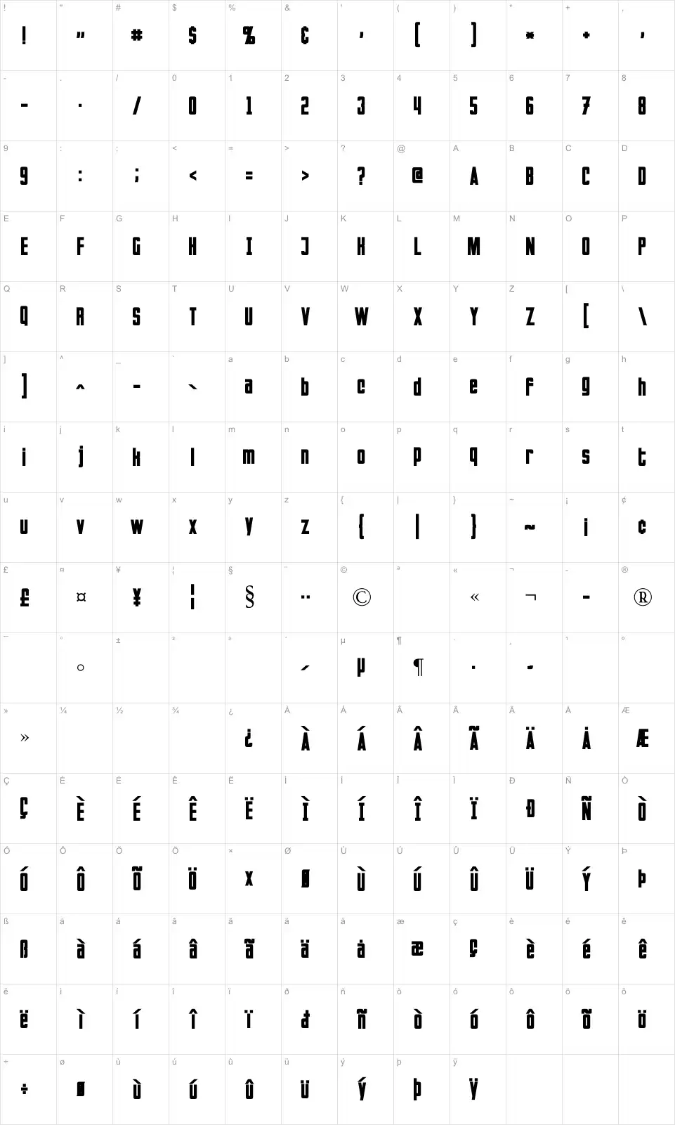 Mapa de caracteres da fonte Invaders
