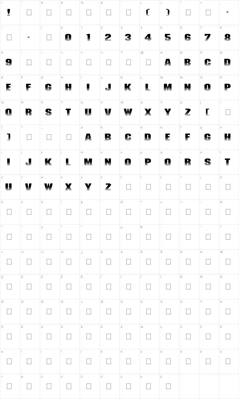 Mapa de caracteres da fonte Invisible Killer