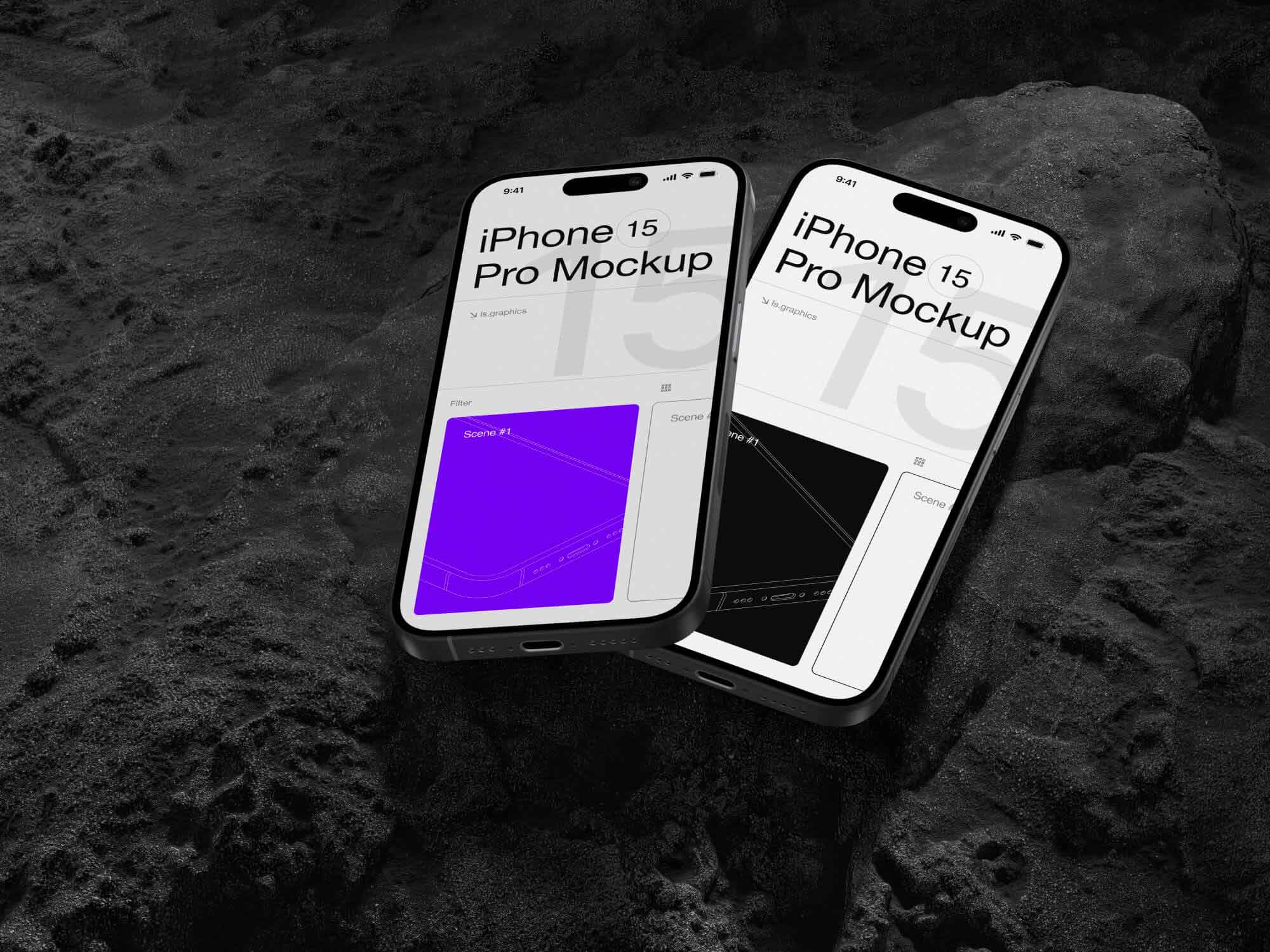 iPhone 15 Pro Mockup on Black Rock