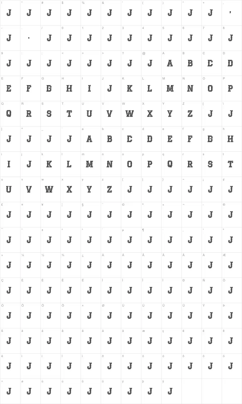 Mapa de caracteres da fonte Jack Runner