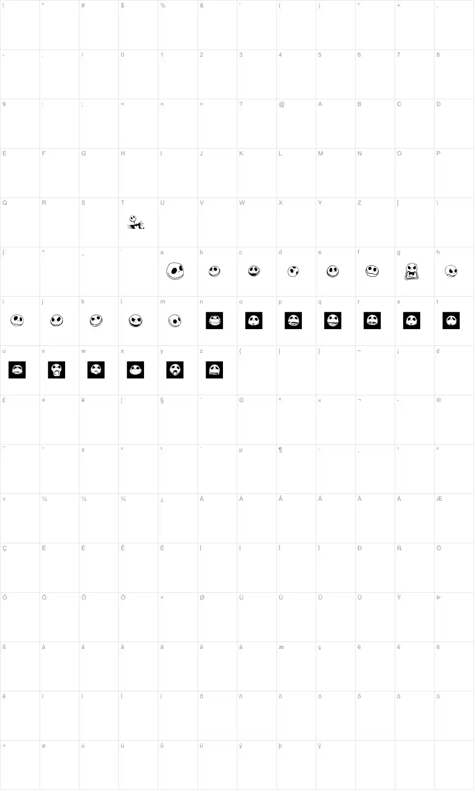 Mapa de caracteres da fonte Jack Skellingtonbats