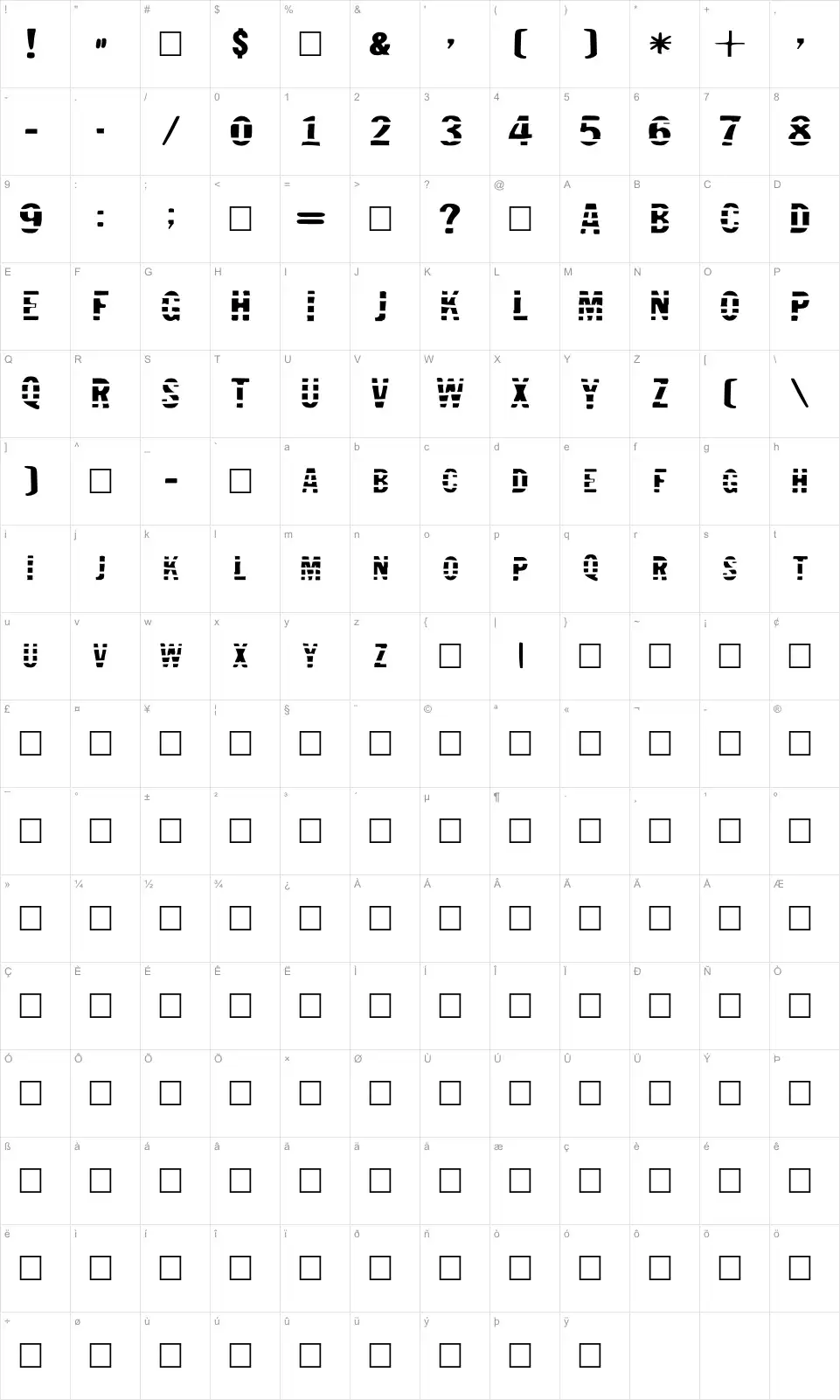 Mapa de caracteres da fonte Jailbird