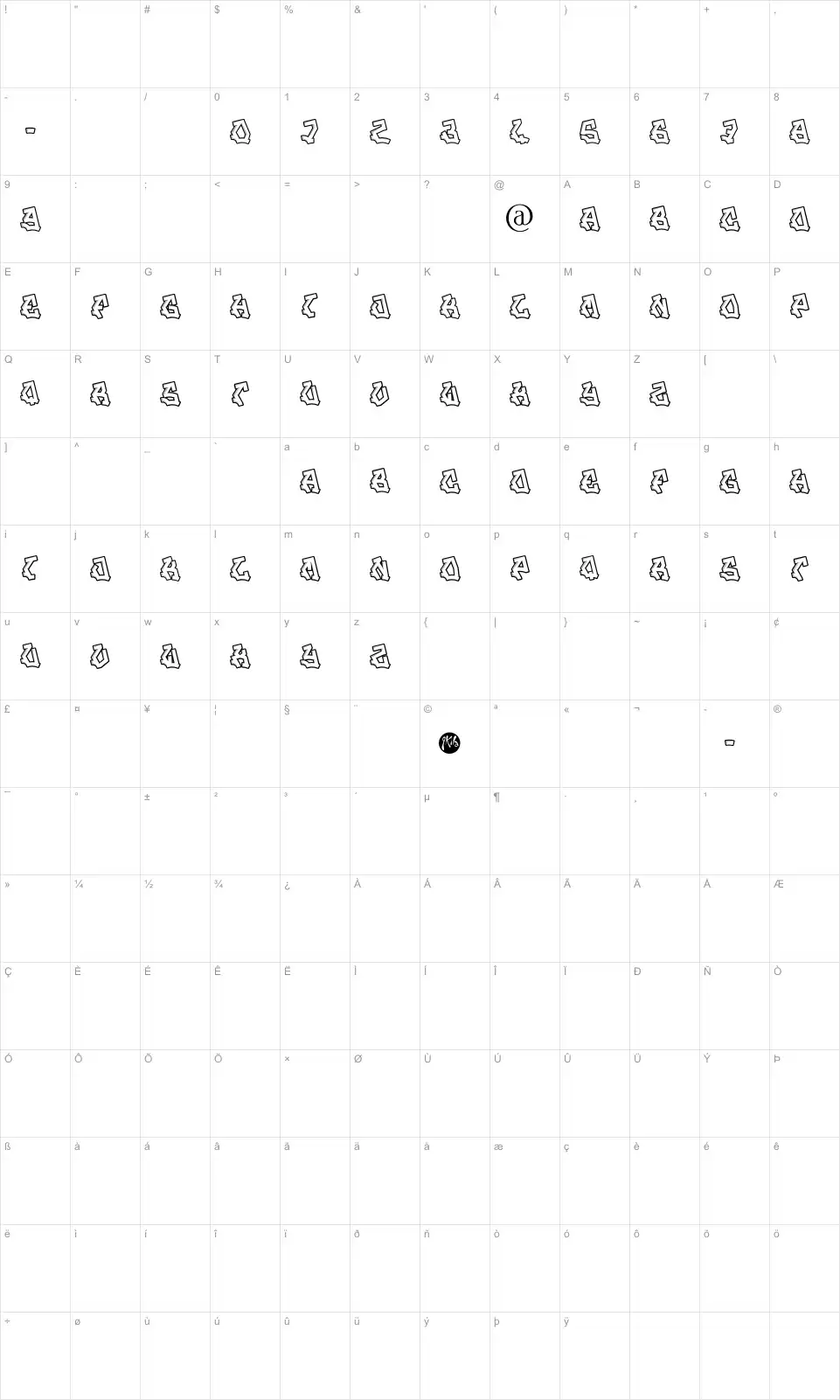 Mapa de caracteres da fonte Jam Session