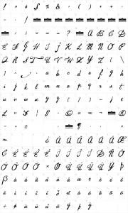 Mapa de caracteres da fonte Jamscript