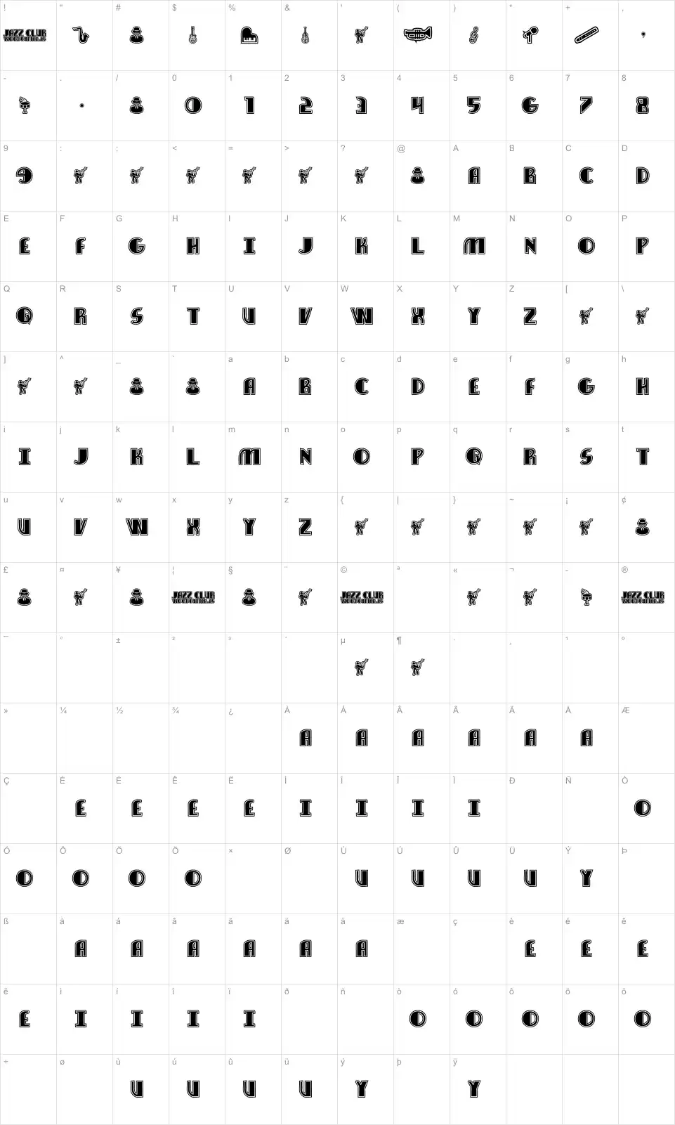 Mapa de caracteres da fonte Jazz Club