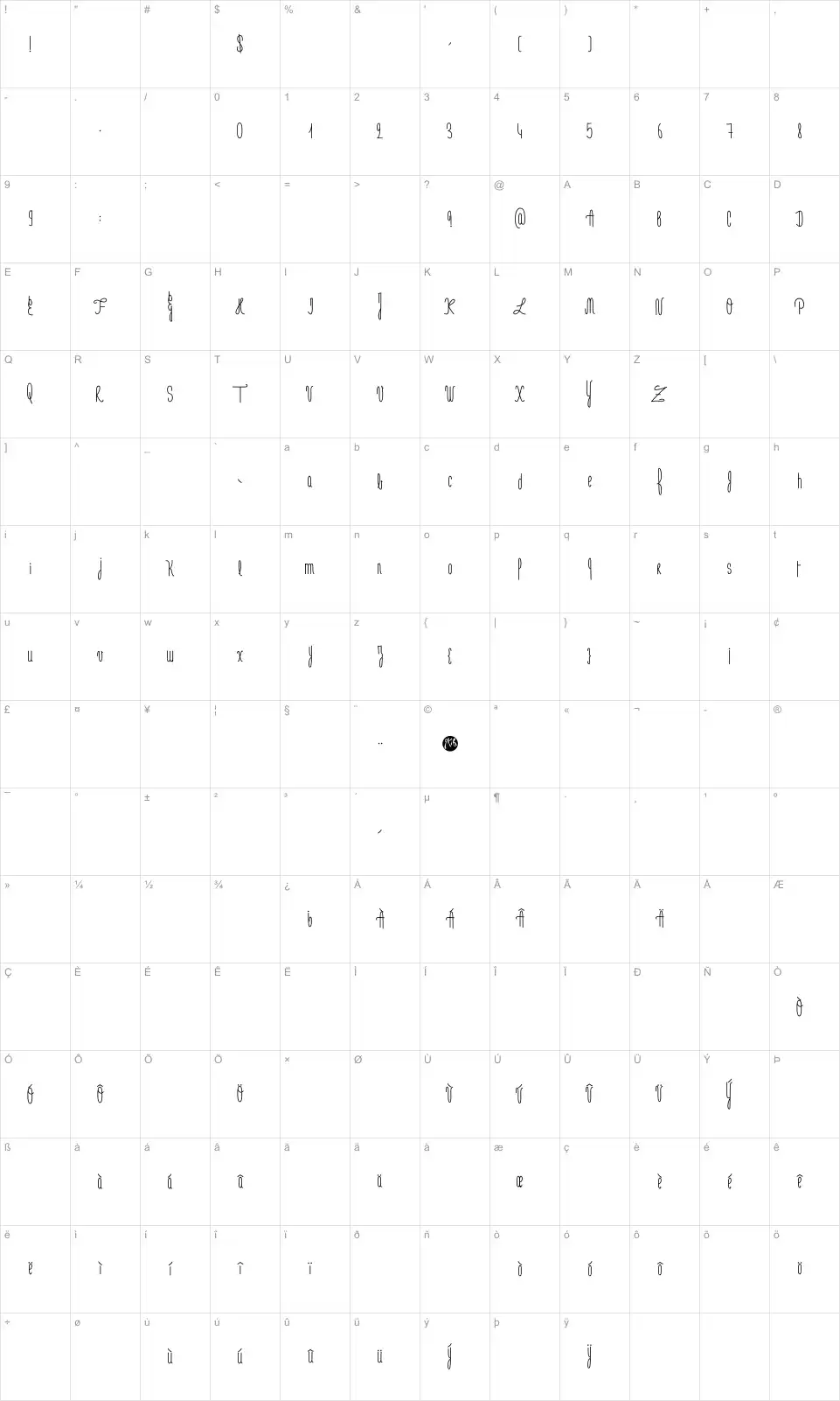 Mapa de caracteres da fonte Je n'aime pas le lundi