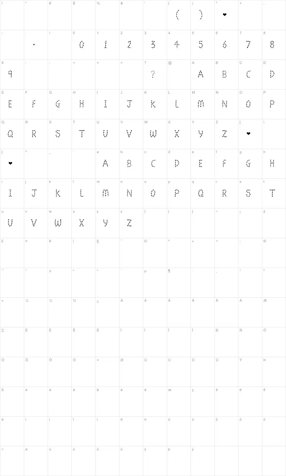 Mapa de caracteres da fonte Jen Luvs Ben (4ever)