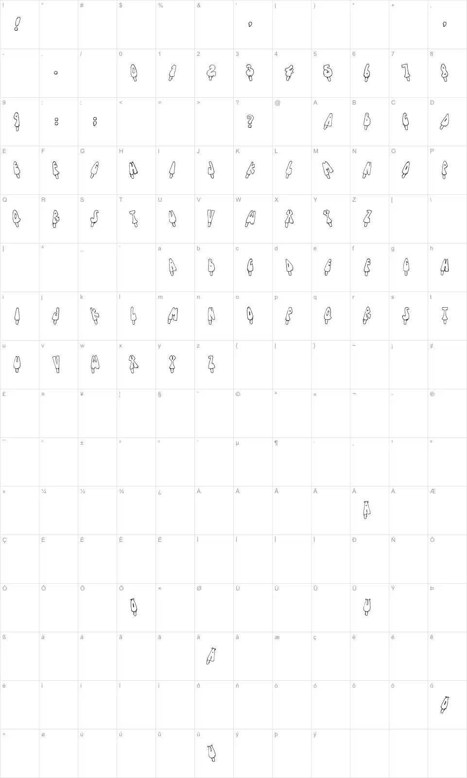 Mapa de caracteres da fonte Jenna's Popsicles