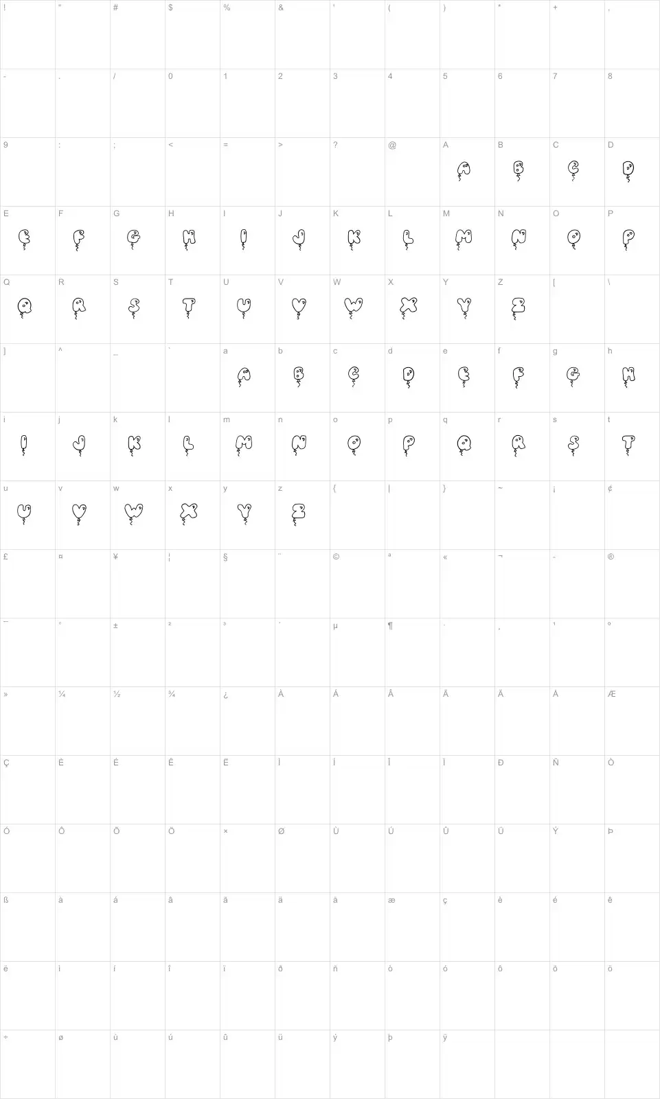 Mapa de caracteres da fonte JI Balloon Caps