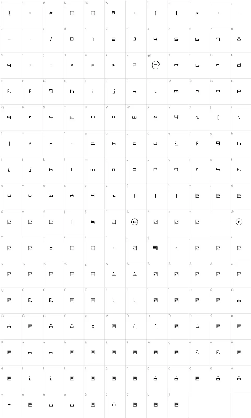Mapa de caracteres da fonte Jigga Jigga