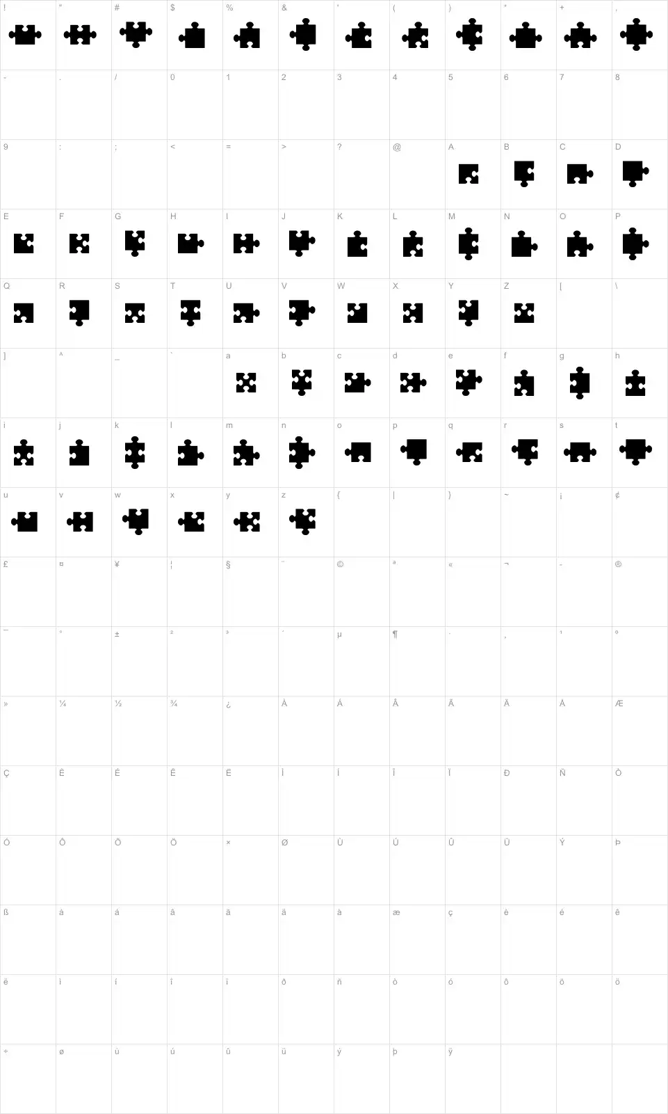 Mapa de caracteres da fonte Jigsaw Pieces TFB