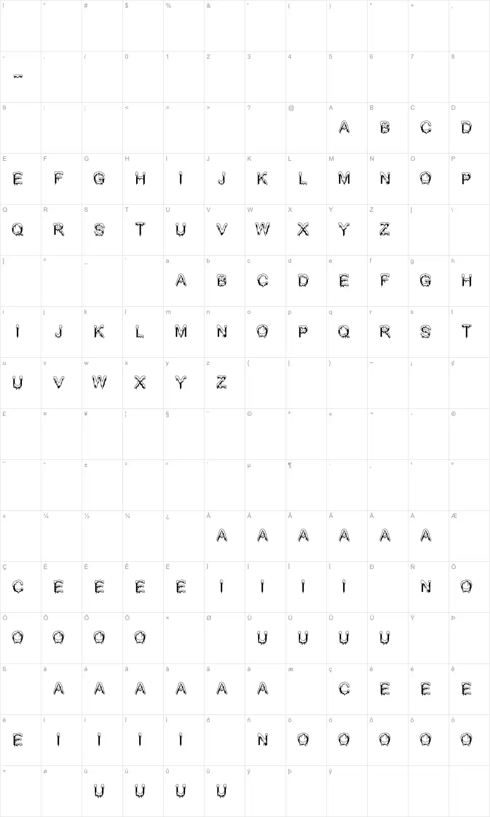 Mapa de caracteres da fonte Jizz Mass