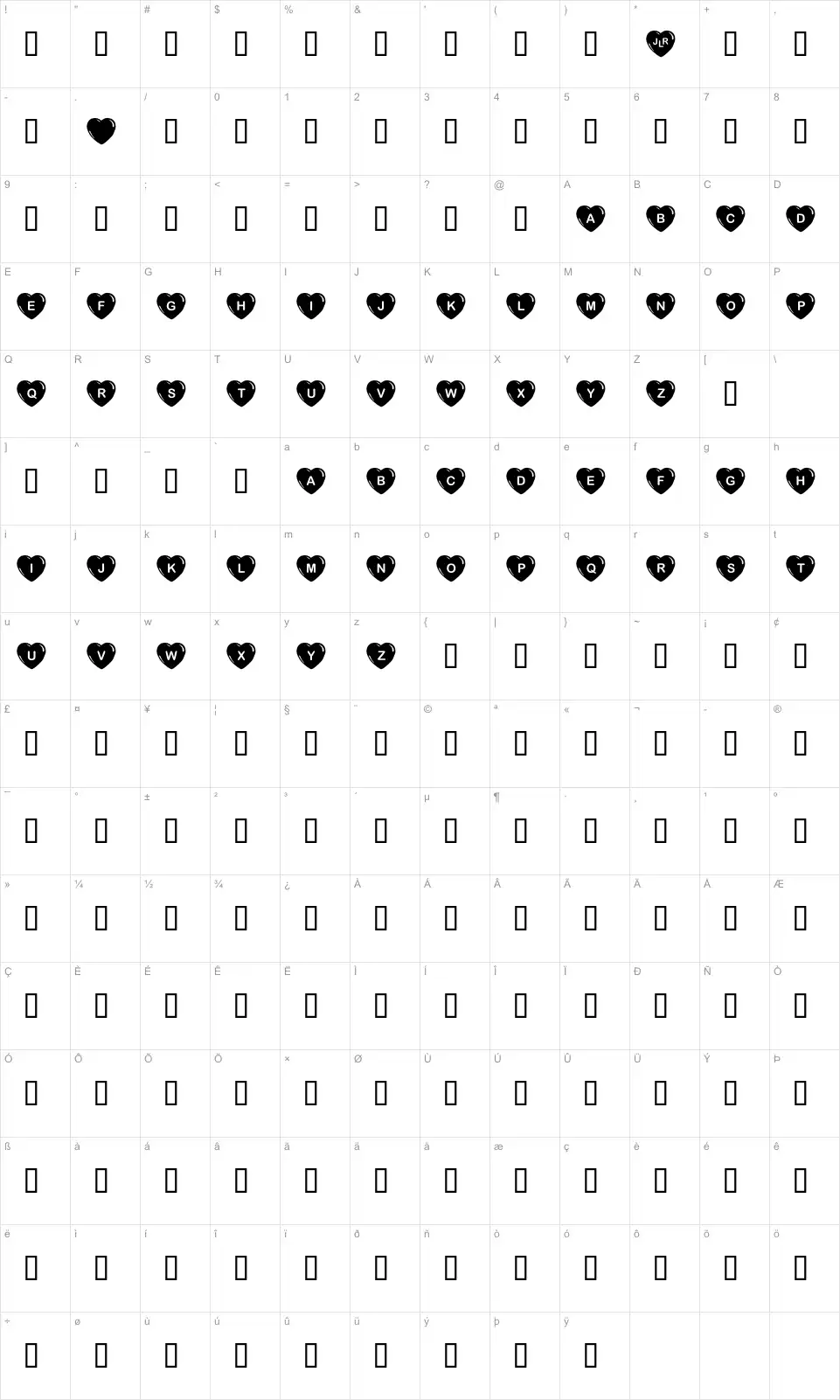 Mapa de caracteres da fonte JLR Simple Hearts