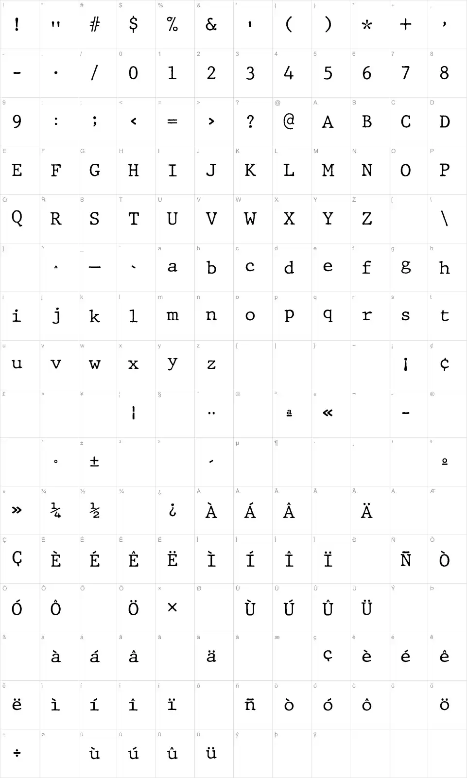 Mapa de caracteres da fonte JMH Typewriter