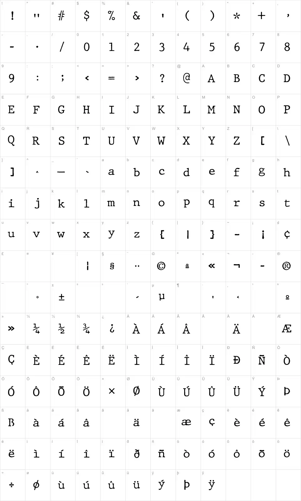 Mapa de caracteres da fonte JMH Typewriter Mono