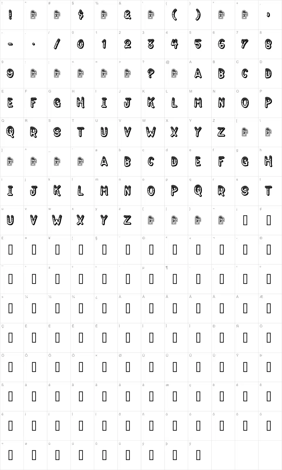 Mapa de caracteres da fonte Jokewood