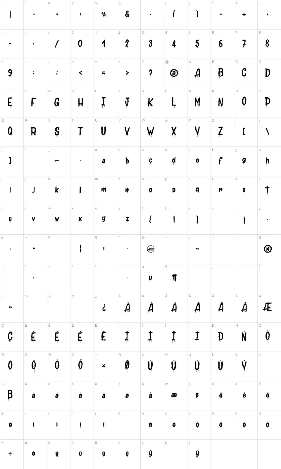 Mapa de caracteres da fonte Joly Death