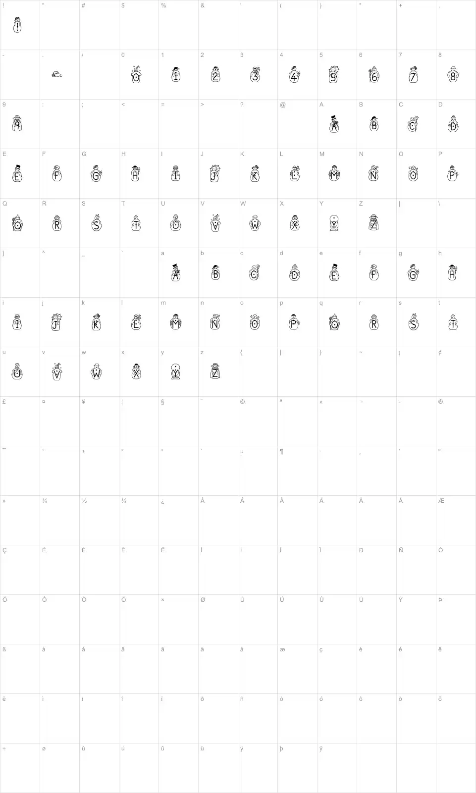 Mapa de caracteres da fonte JS Snowbiz