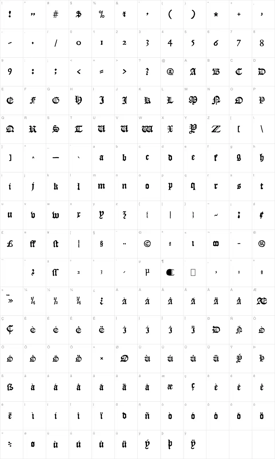 Mapa de caracteres da fonte JSL Blackletter