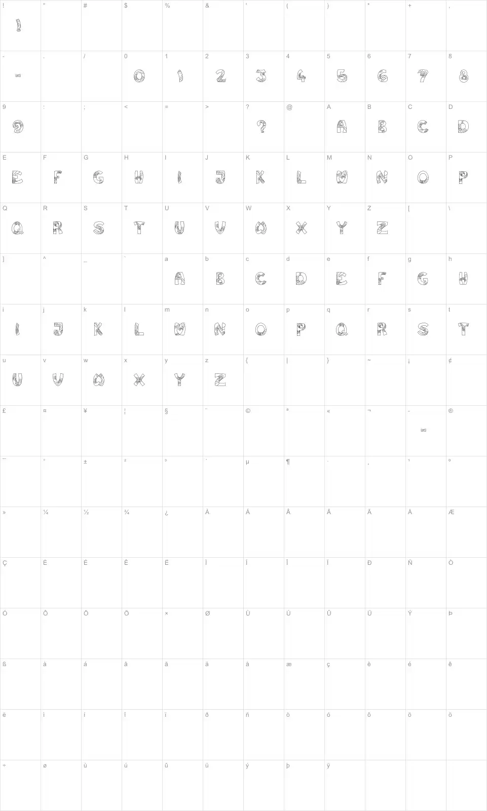 Mapa de caracteres da fonte Jump