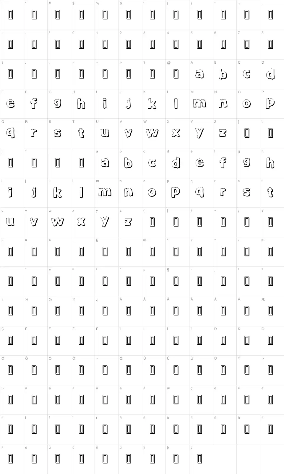 Mapa de caracteres da fonte Just Another Font
