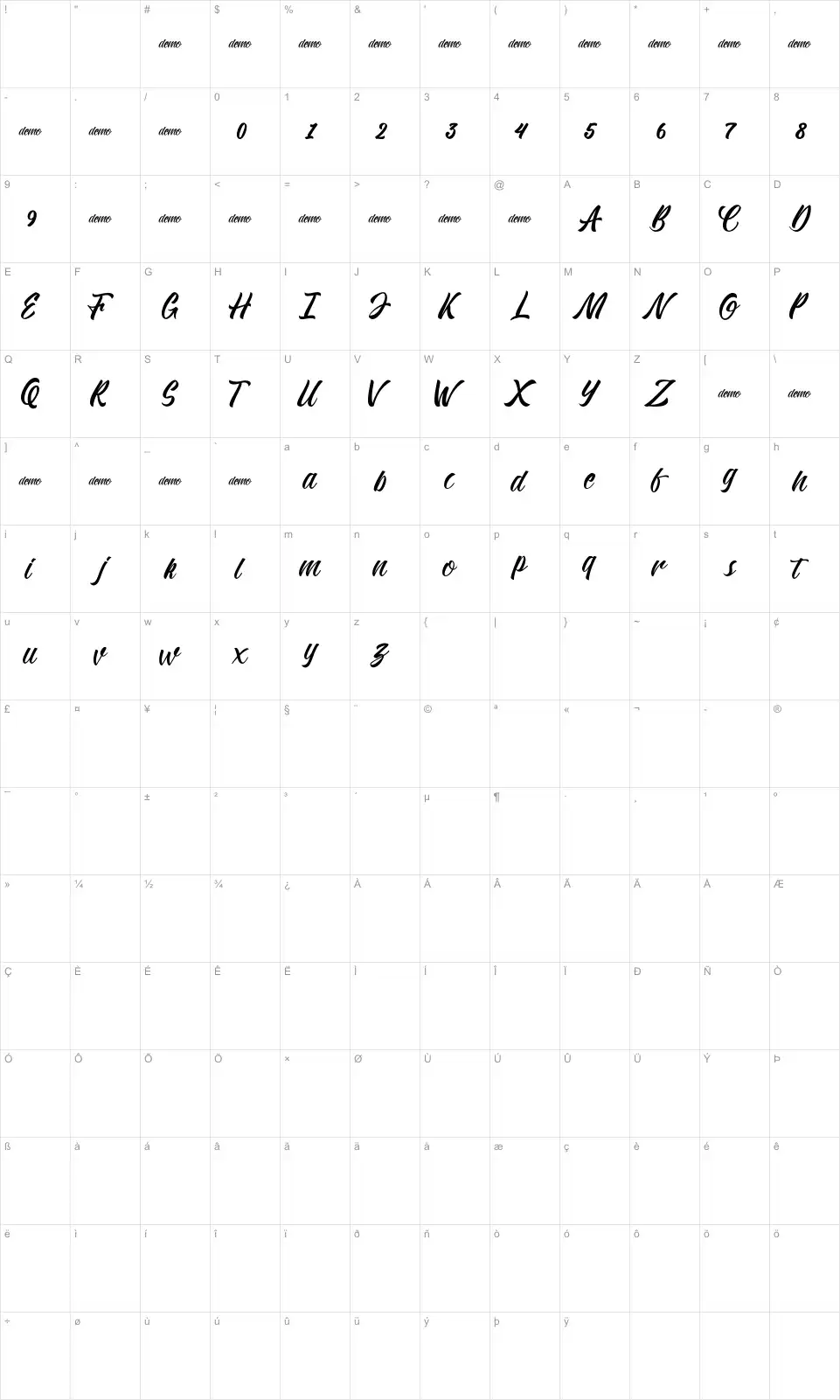 Mapa de caracteres da fonte Kadisoka Script